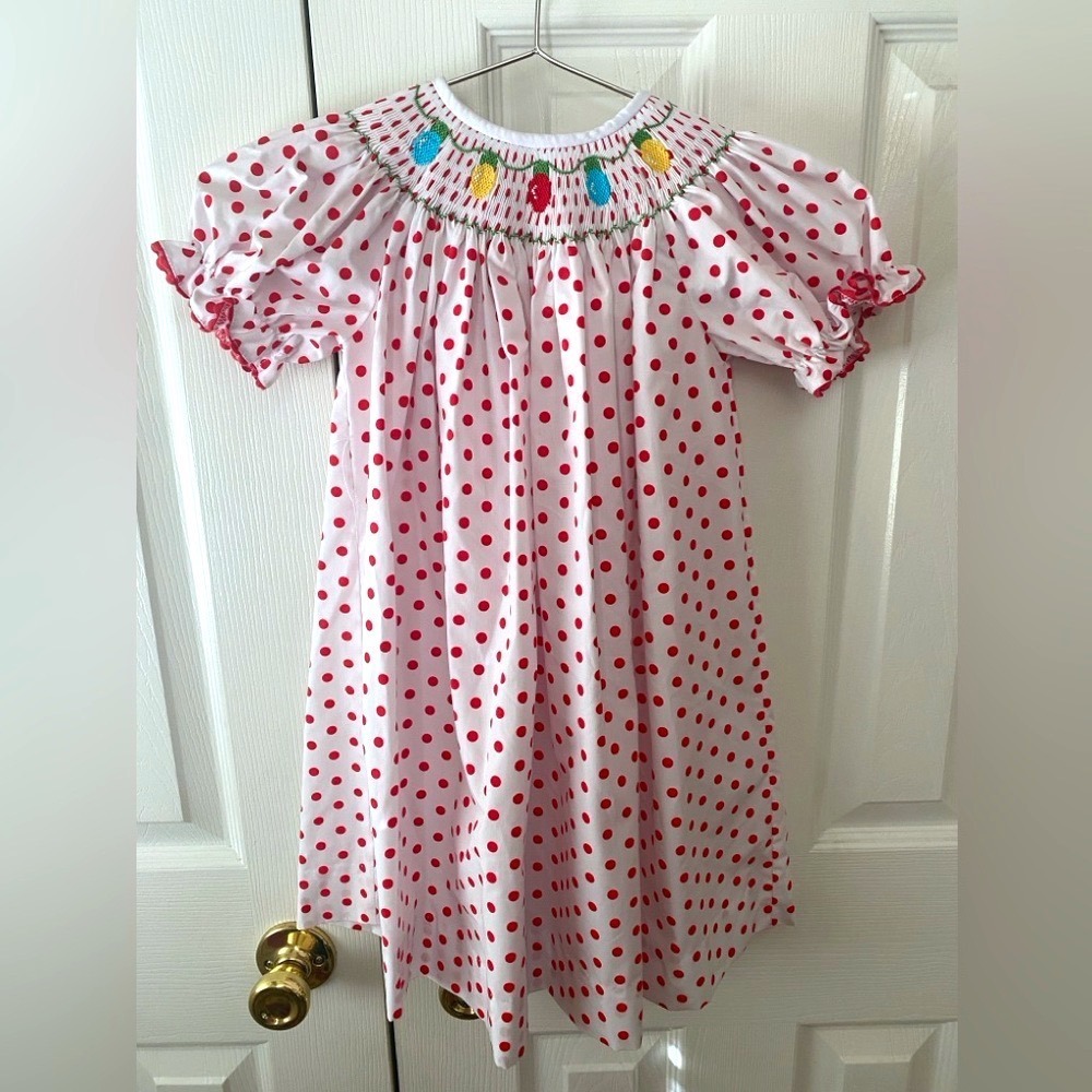 southern Sunshine Red/White Polka Dot Embroidered Lights Smocked Bishop Dress‎ 3